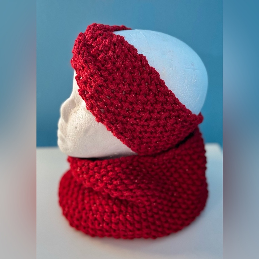 Handmade Hand Crafted Knit Seed Stitch Twist Headband cowl set Sparkly Red - Picture 3 of 3
